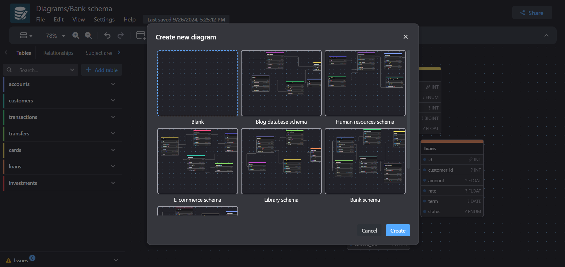 The New diagram dialog with the blank diagram option