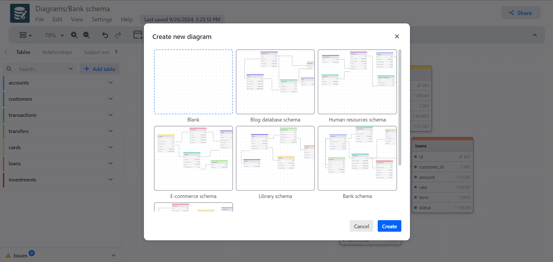 The New diagram dialog with the blank diagram option