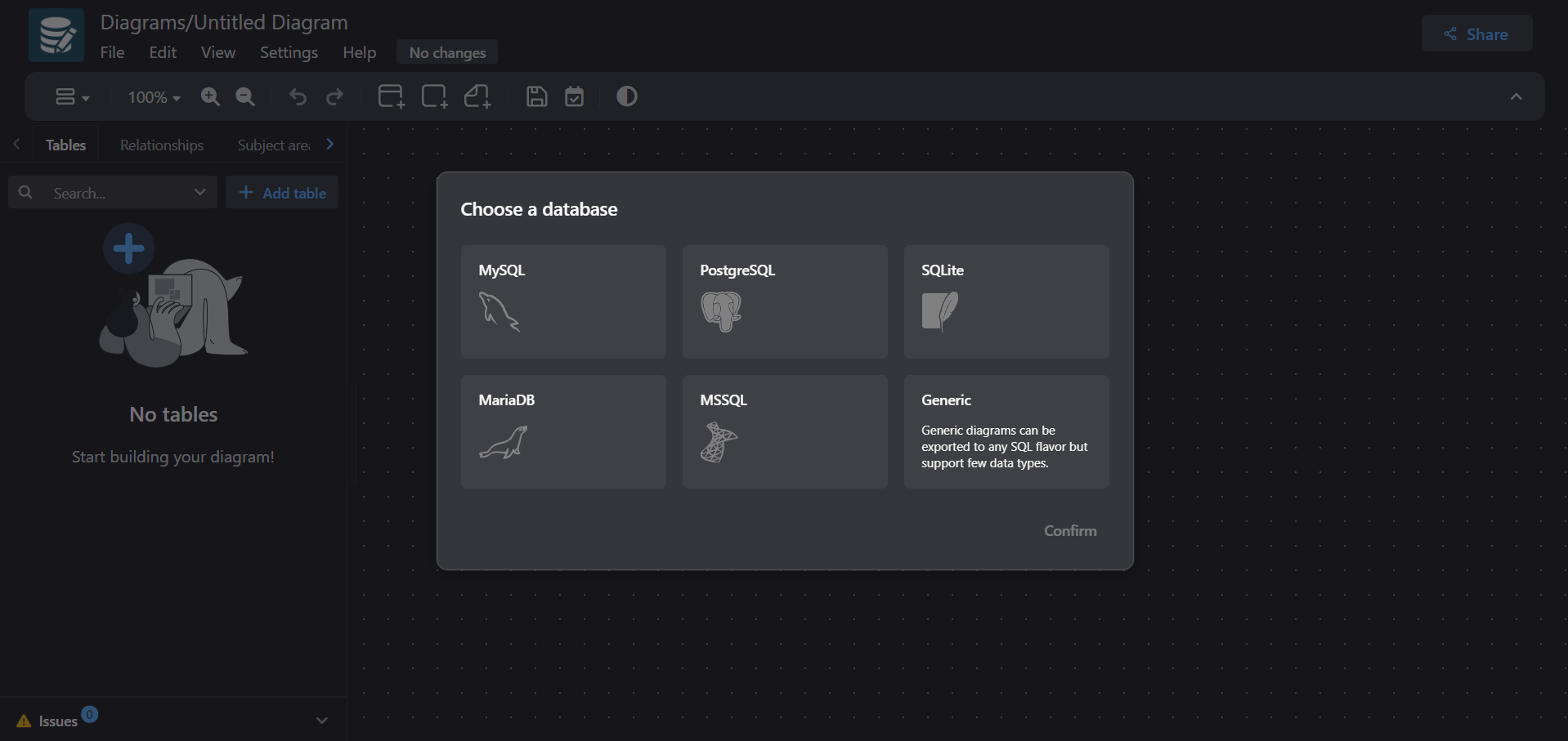 Database selection options in drawDB