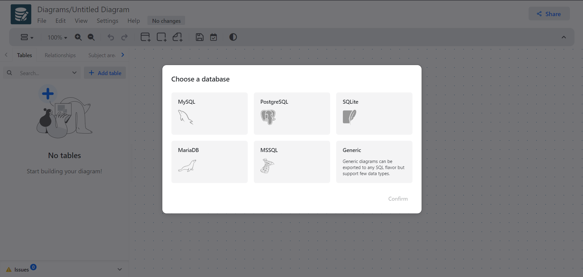 Database selection options in drawDB
