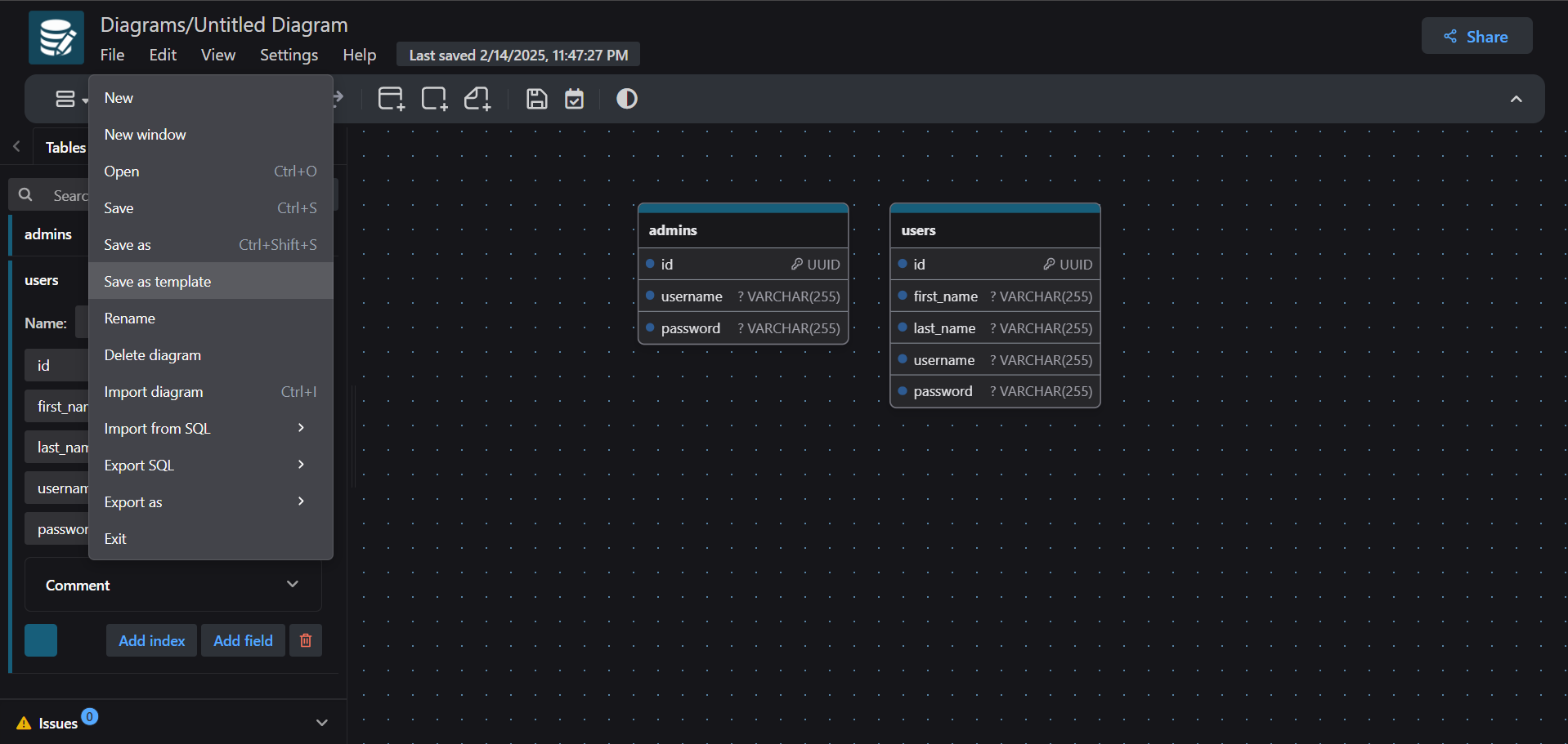 Built-in and custom diagram templates in drawDB