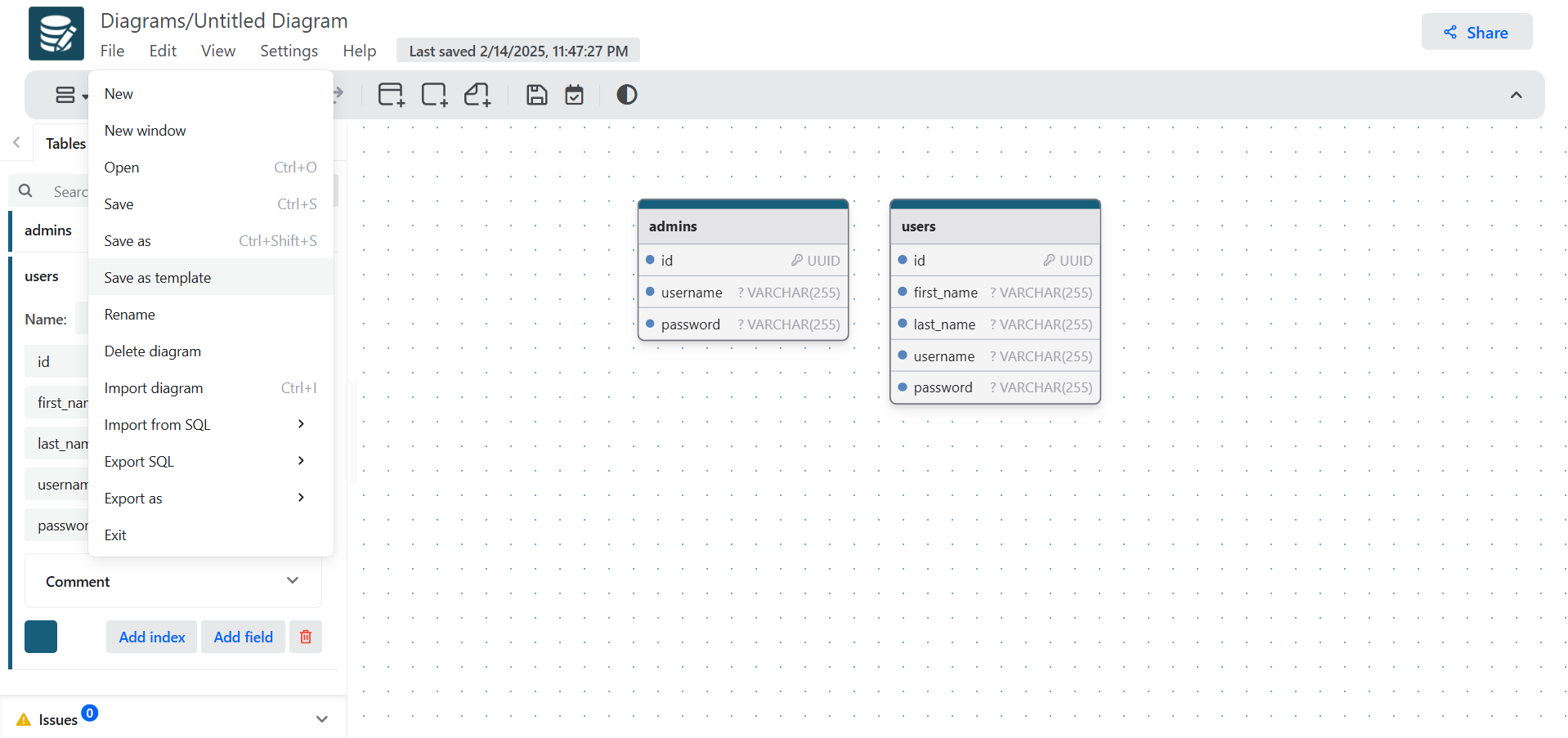 Built-in and custom diagram templates in drawDB